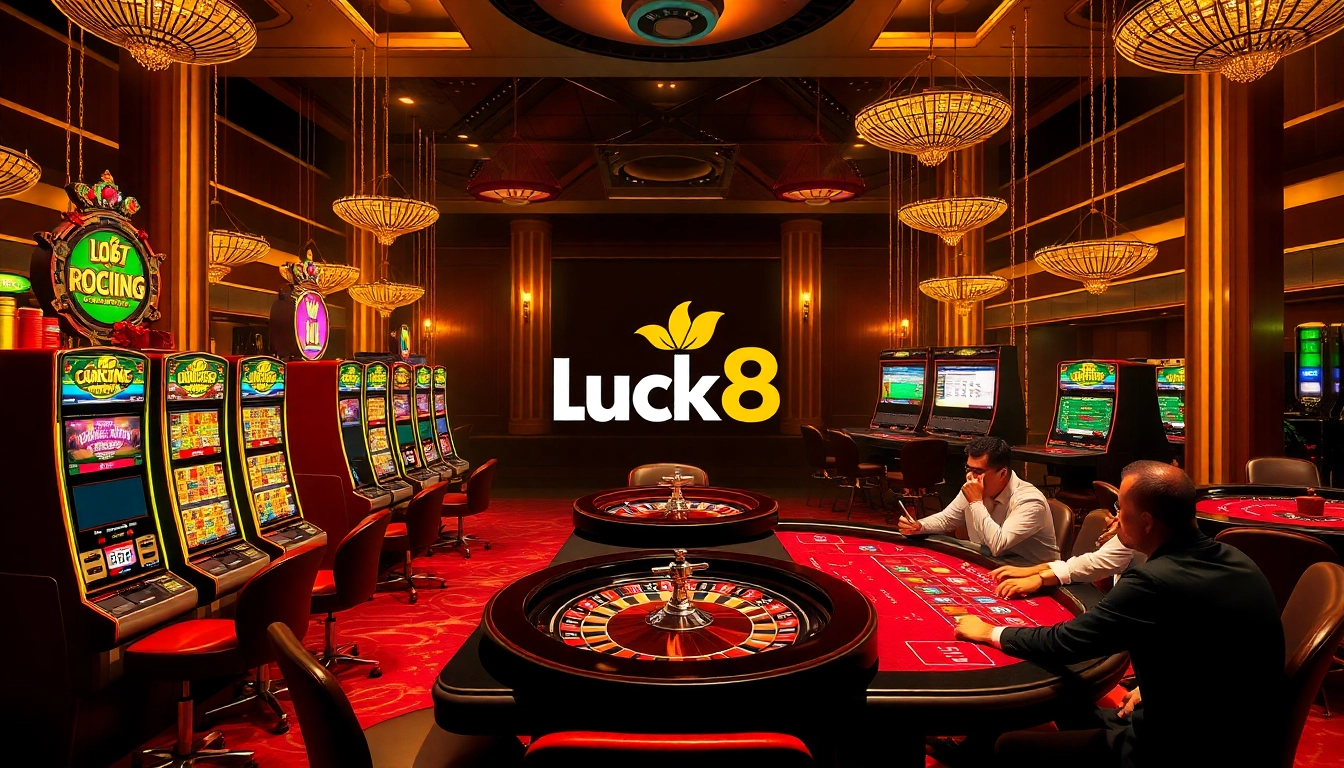 Luck8's vibrant casino atmosphere featuring exciting tables and slot machines.