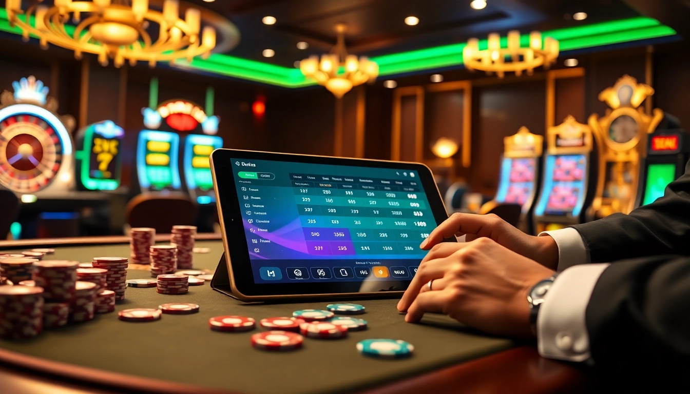 Gamblers engaging with kèo bóng đá betting on a tablet amidst a luxurious casino atmosphere.