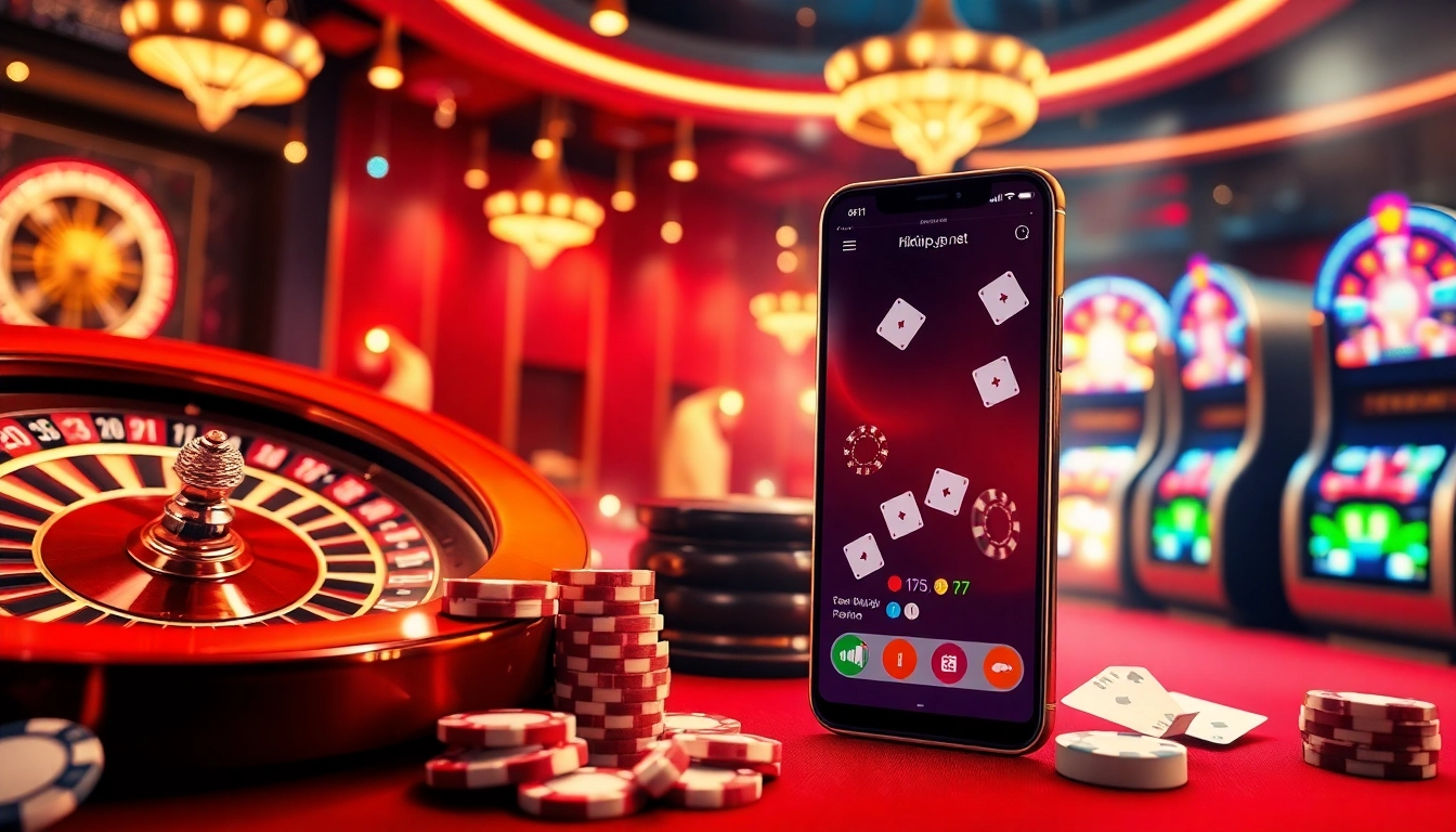 Experience thrilling gambling on rikvip.gb.net with vibrant casino tables, sleek smartphones, and dazzling games.