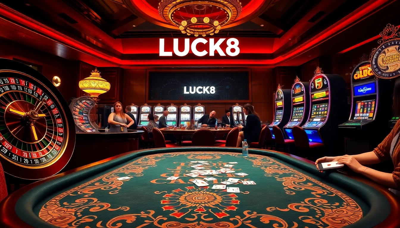 Người chơi thưởng thức poker tại casino LUCK8 với các máy đánh bạc sống động và bánh xe roulette trong tầm nhìn.