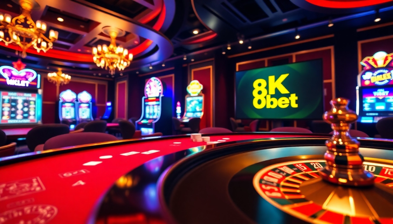 8kbet casino scene featuring luxurious poker chips, cards, and engaging gaming ambiance.