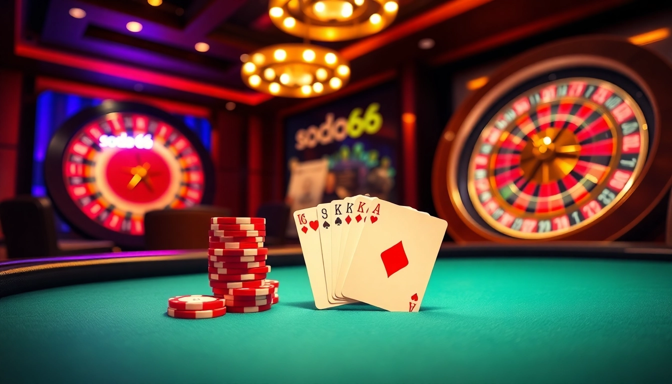Experience the thrill of sodo66 with a vibrant casino scene showcasing poker chips and cards.