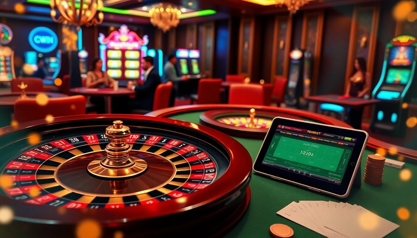 Cwin casino scene with players at a digital roulette table and glowing slot machines.