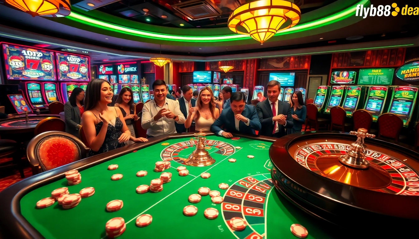 Experience the thrill of gambling at fly88.deal with vibrant casino tables and joyful players.
