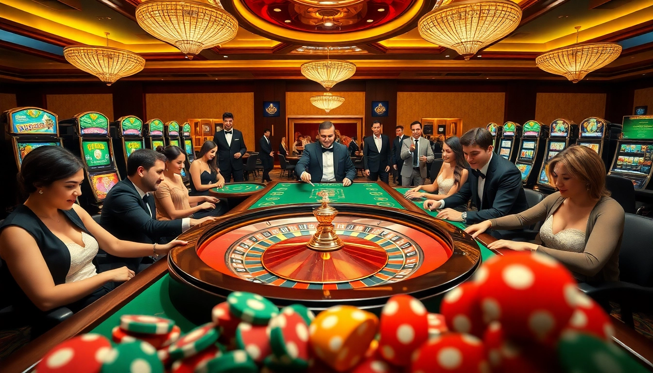 Experience the thrill of 388bet casino with vibrant tables, joyful players, and a roulette wheel.