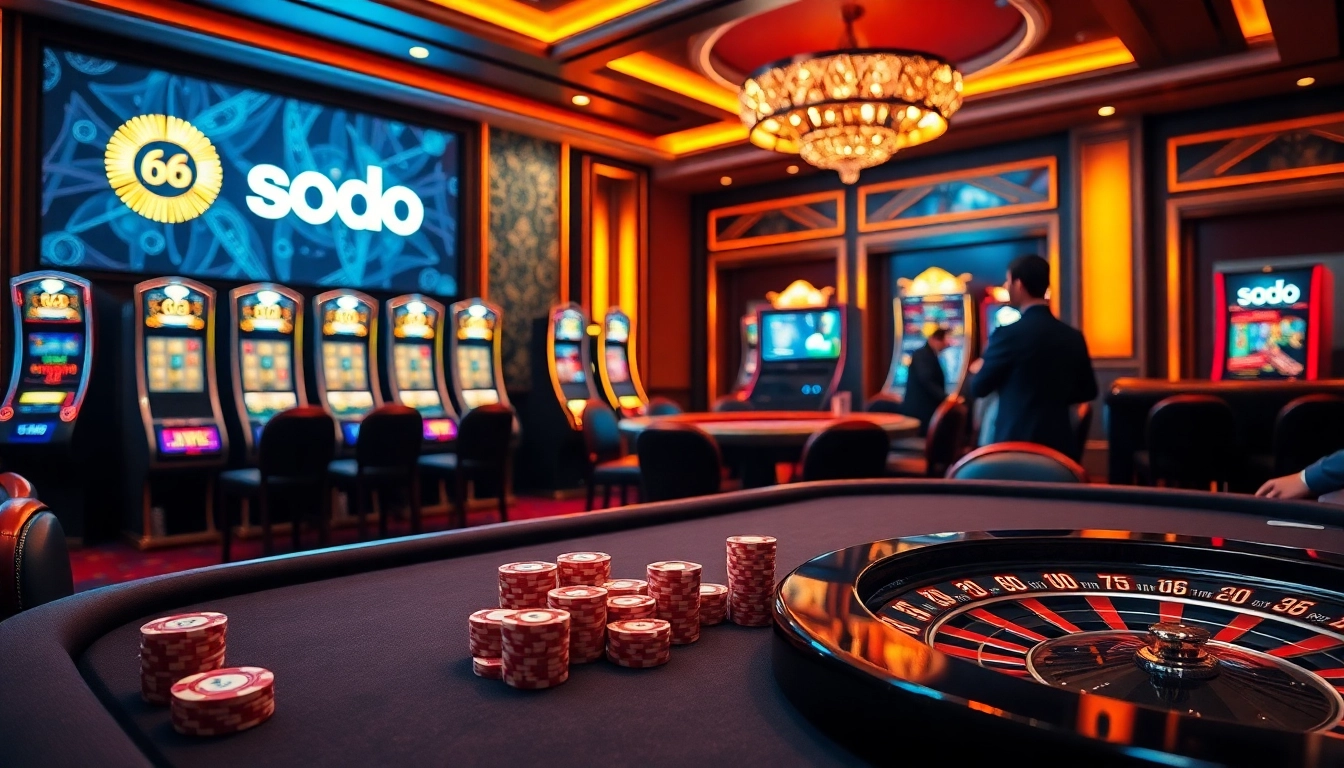 Sodo66 casino scene featuring a vibrant poker table, glowing slot machines, and an engaging online interface.