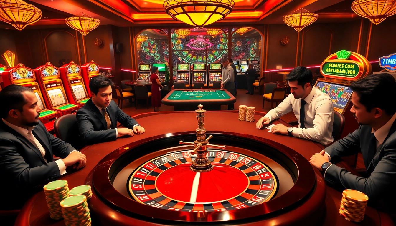 Experience high-stakes gambling at https://1mm888.com/ with players at poker and roulette tables in a vibrant casino.