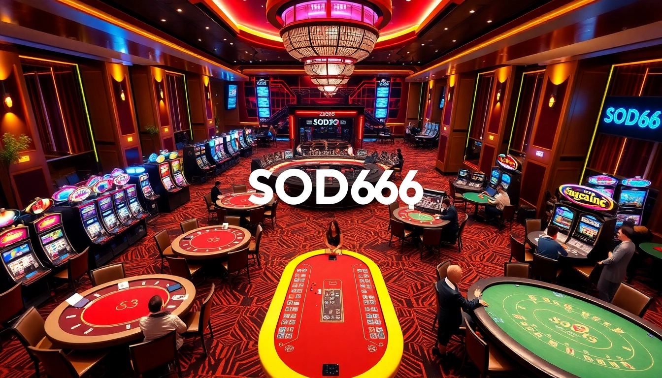 Exciting gaming atmosphere of Trang chủ SODO66 featuring vibrant online casino tables and slot machines.