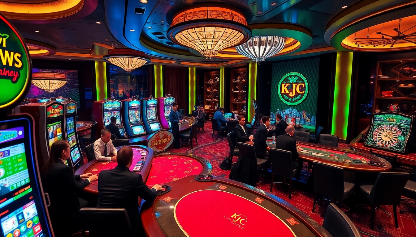 KJC casino scene showcasing players in action at poker and roulette tables in a luxurious setting.