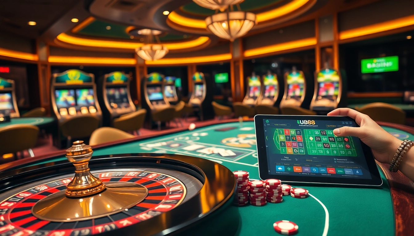 Experience excitement at u888 with a dynamic casino table setup featuring roulette, poker chips, and online gaming.