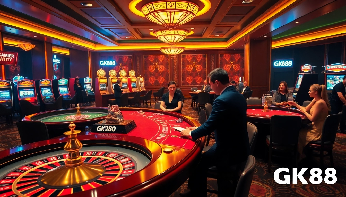 Engaged players experiencing the luxury of GK88 casino gaming with vibrant tables and slot machines.