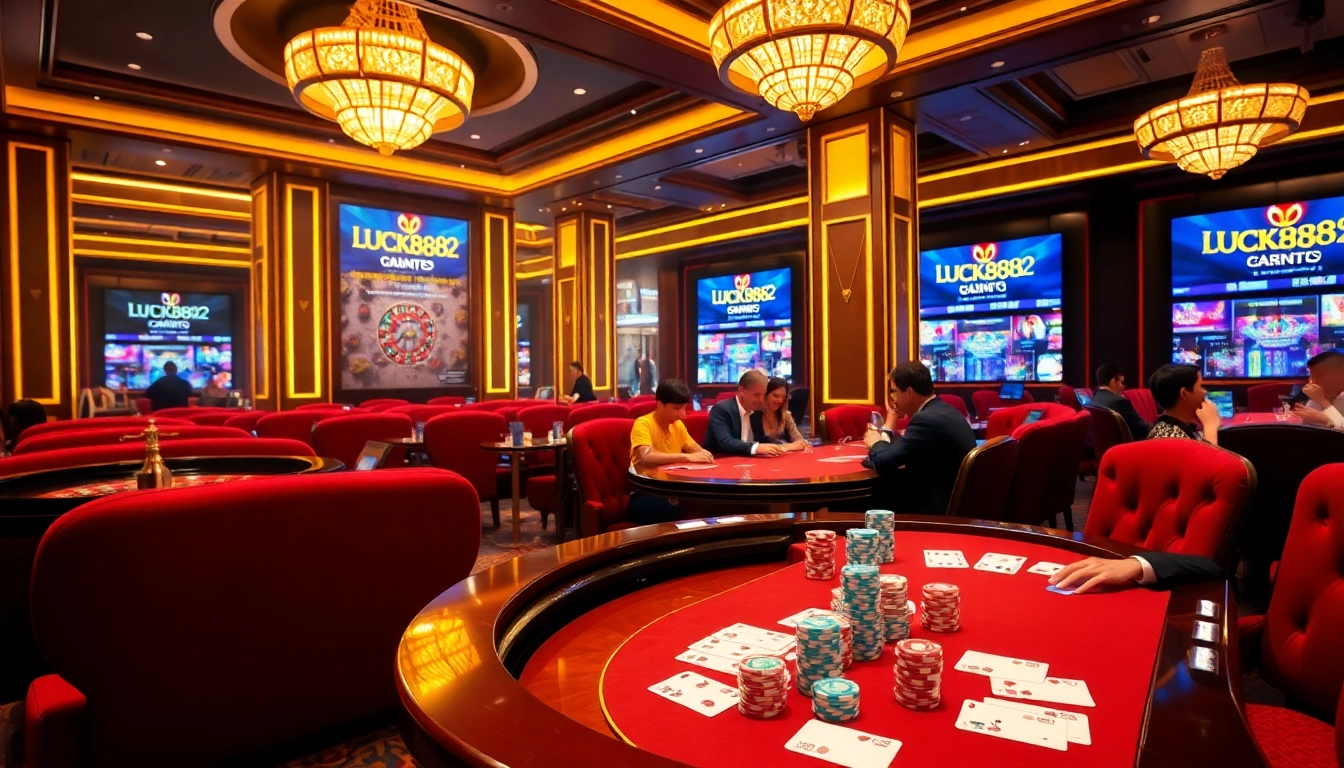 Experience the thrill of winning with LUCK8882 at a lavish casino table filled with poker chips.