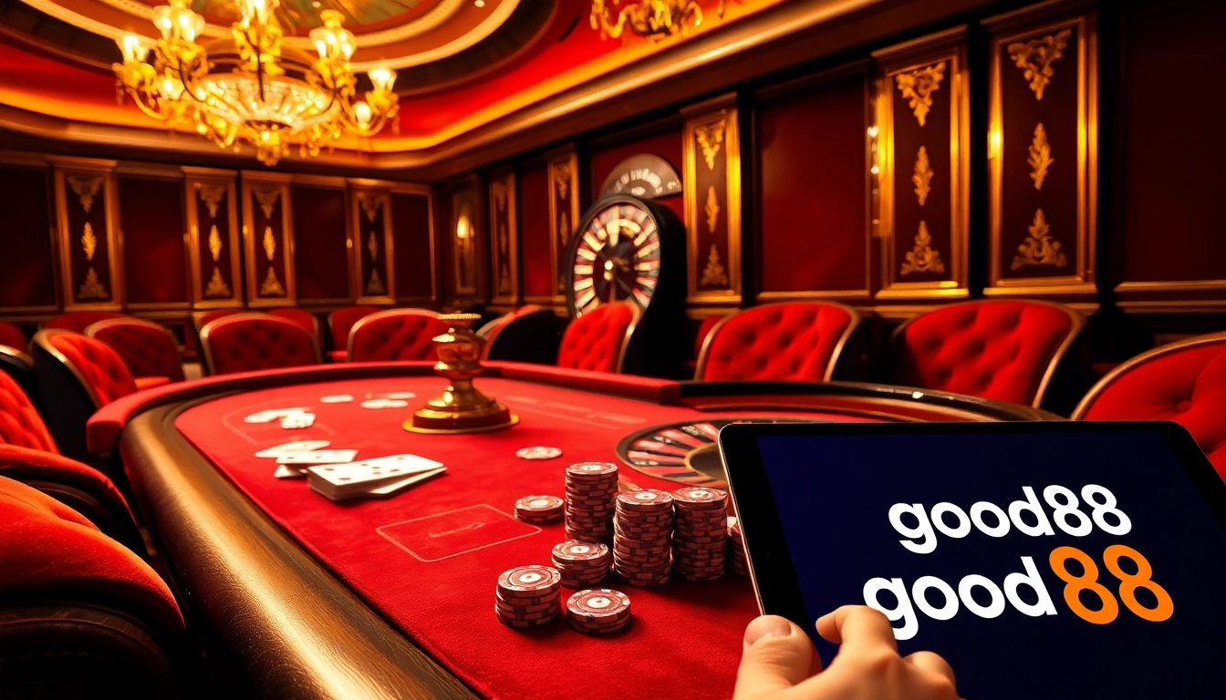 Intense poker game at a luxurious casino table inspired by good88's online gambling.