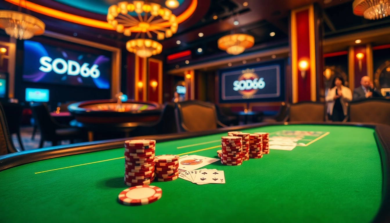 SODO66 poker setup with chips and cards in a vibrant casino atmosphere.