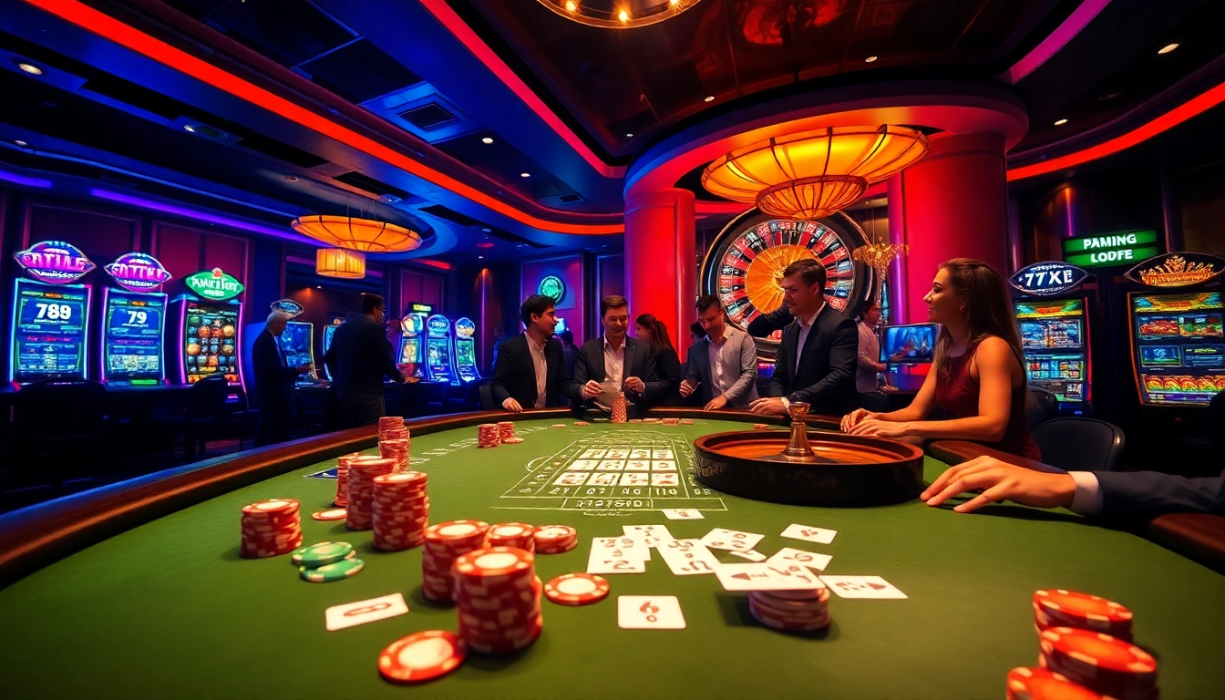 Engaging scene featuring players at a poker table with 789P gaming elements and luxurious casino decor.