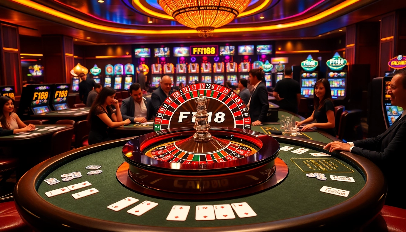 F168 gaming experience with vibrant casino tables and a roulette wheel.
