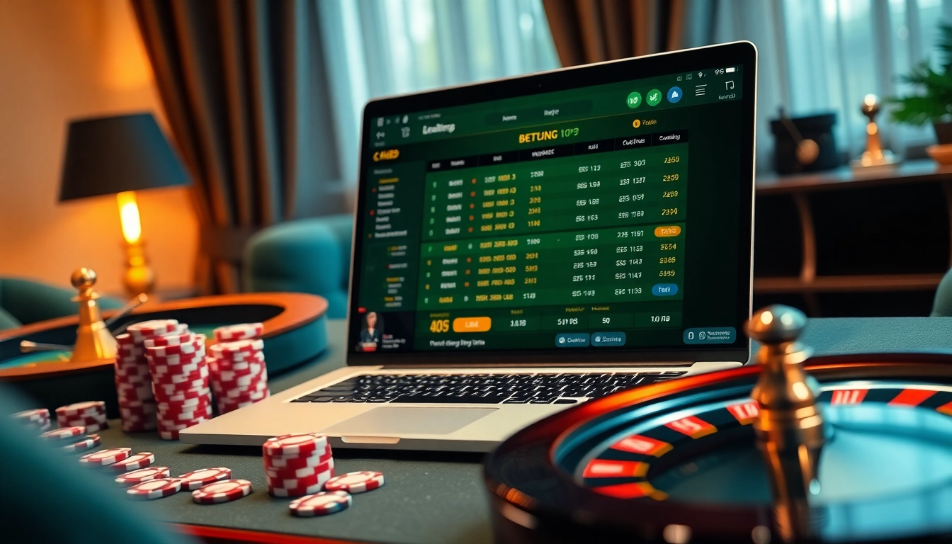Kèo Bóng Đá betting scene with a laptop, poker chips, and a roulette wheel in a luxurious setting.