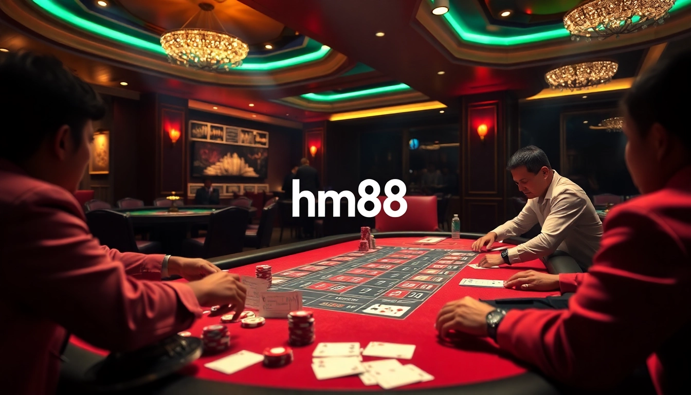Players engaging in an intense poker game at a luxurious casino featuring hm88 branding.