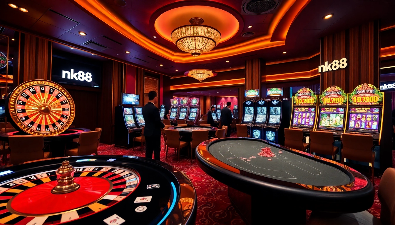 Players engaging in dynamic gambling at nk88 casino tables with chips and cards.