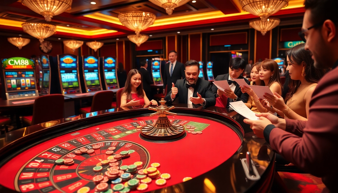 Players eagerly engage in a luxury CM88 casino scene with roulette and vibrant slot machines.