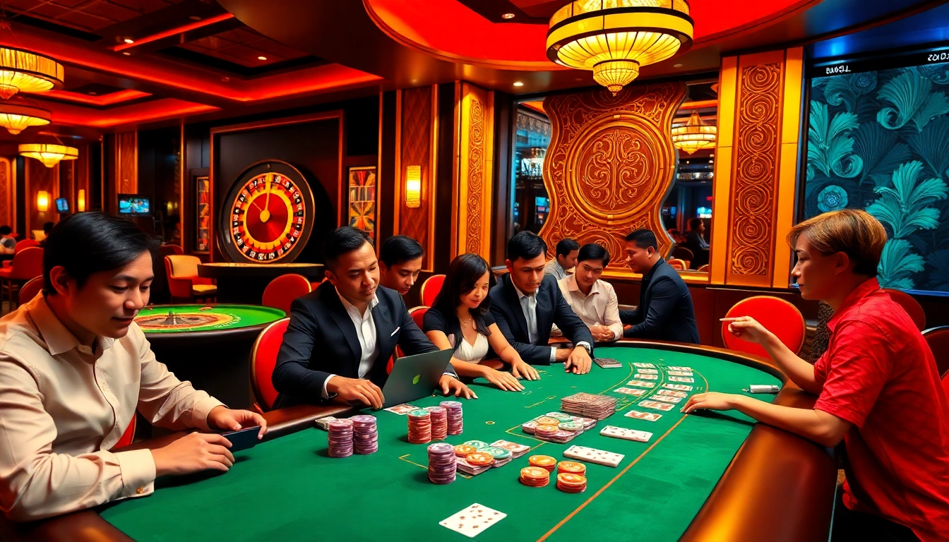 Engaged players at a poker table conveying Nhà Cái Uy Tín in a luxurious casino atmosphere.