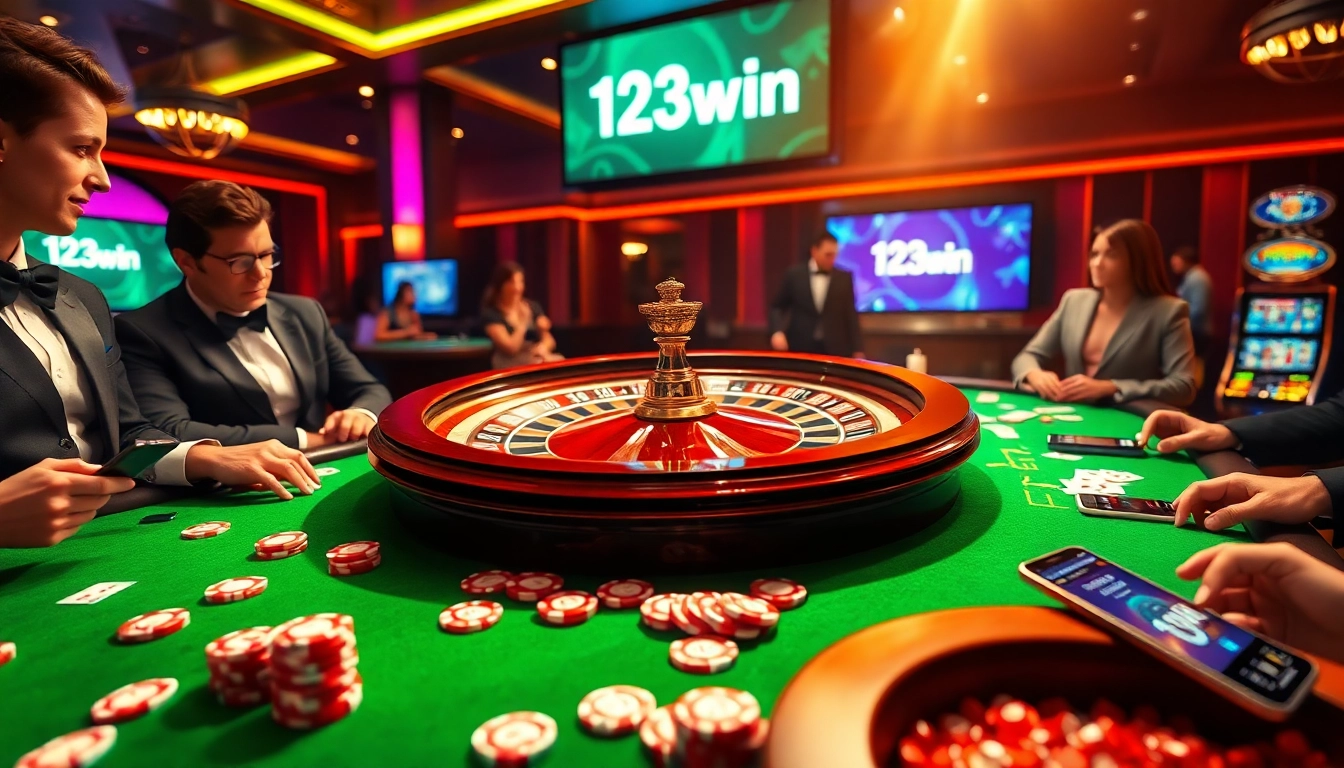 Experience high-stakes gaming at 123win with vibrant casino visuals of roulette and poker chips.