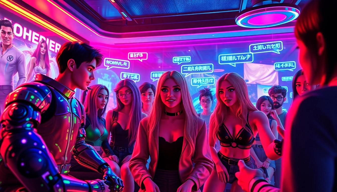 Engaging scene of users interacting with NSFW character AI, showcasing futuristic chat features.