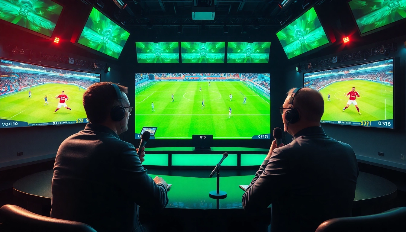 Live soccer broadcasting environment featuring vaoluoitv with dynamic screens and passionate presenters.