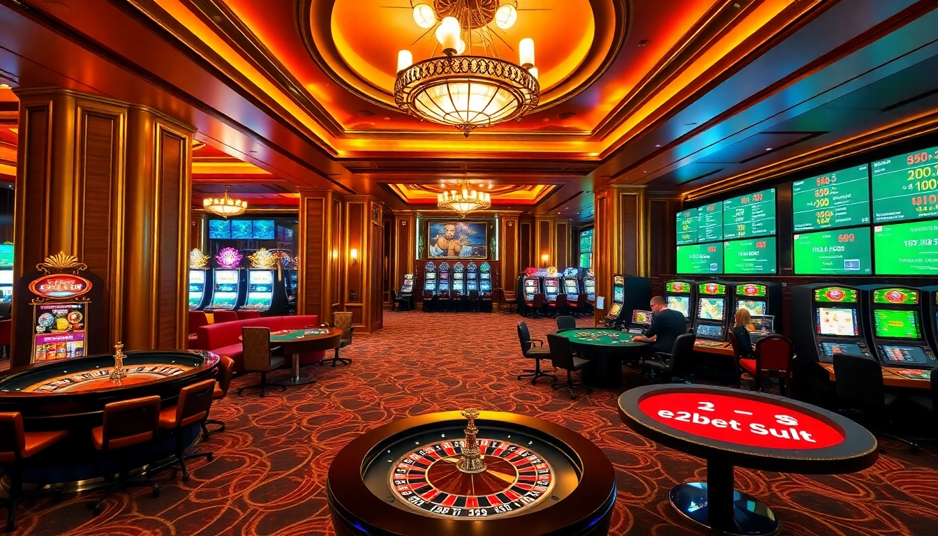 Experience the thrilling ambiance of e2bet with vibrant casino elements and players engaging in games.