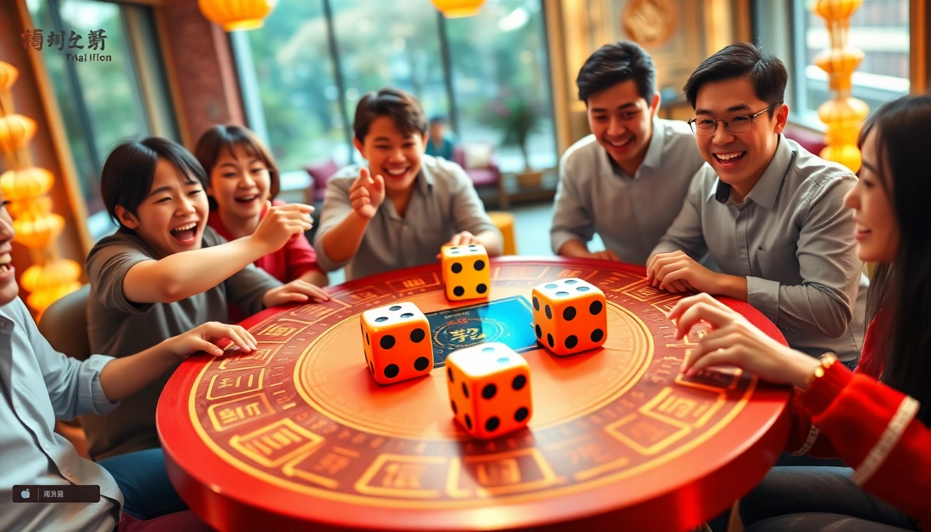 Tài Xỉu MD5 game scene with players engaging around a table featuring vibrant dice and digital results display.