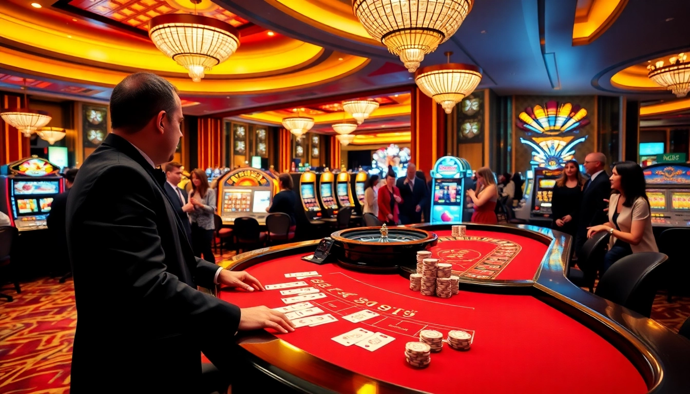 Play exciting games at https://kk55.host/ in a vibrant casino atmosphere with tables and slots.