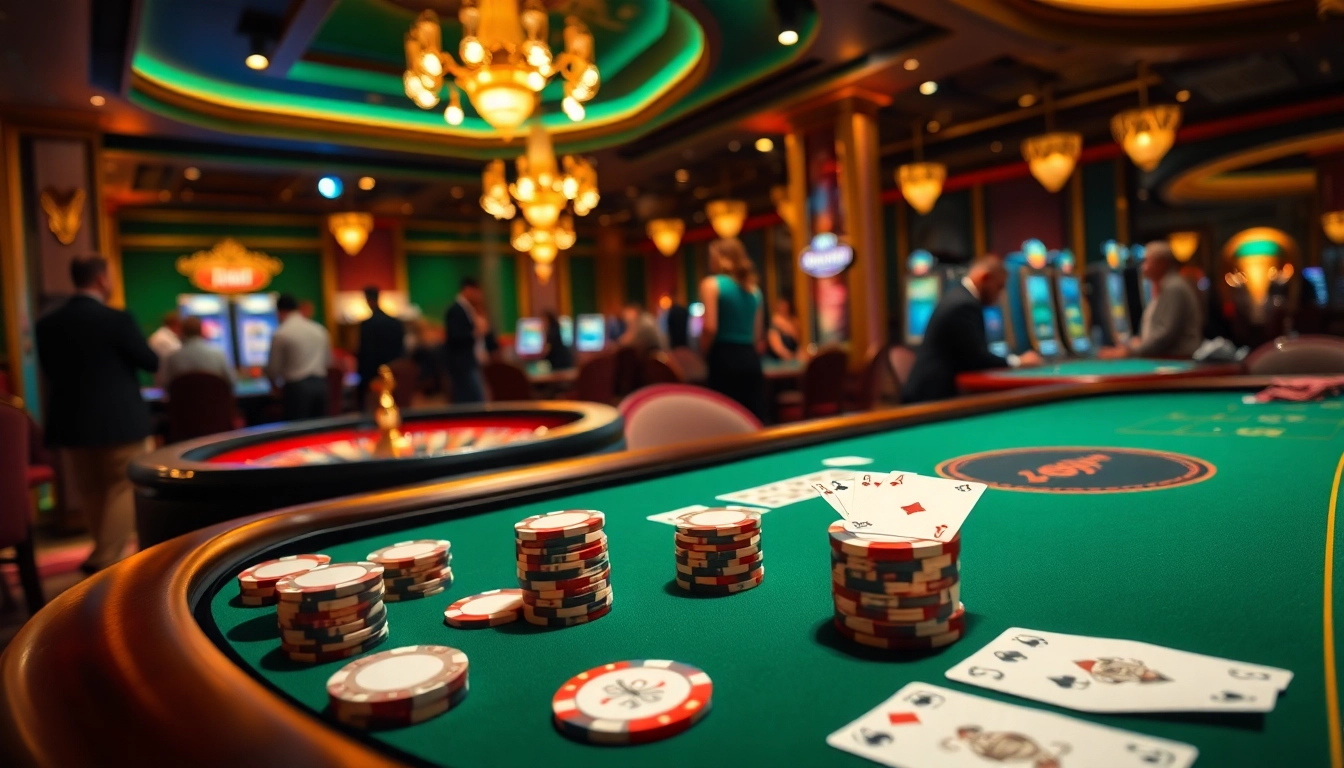 Excitement builds at the 98win poker table with vibrant chips and cards in a luxurious casino atmosphere.