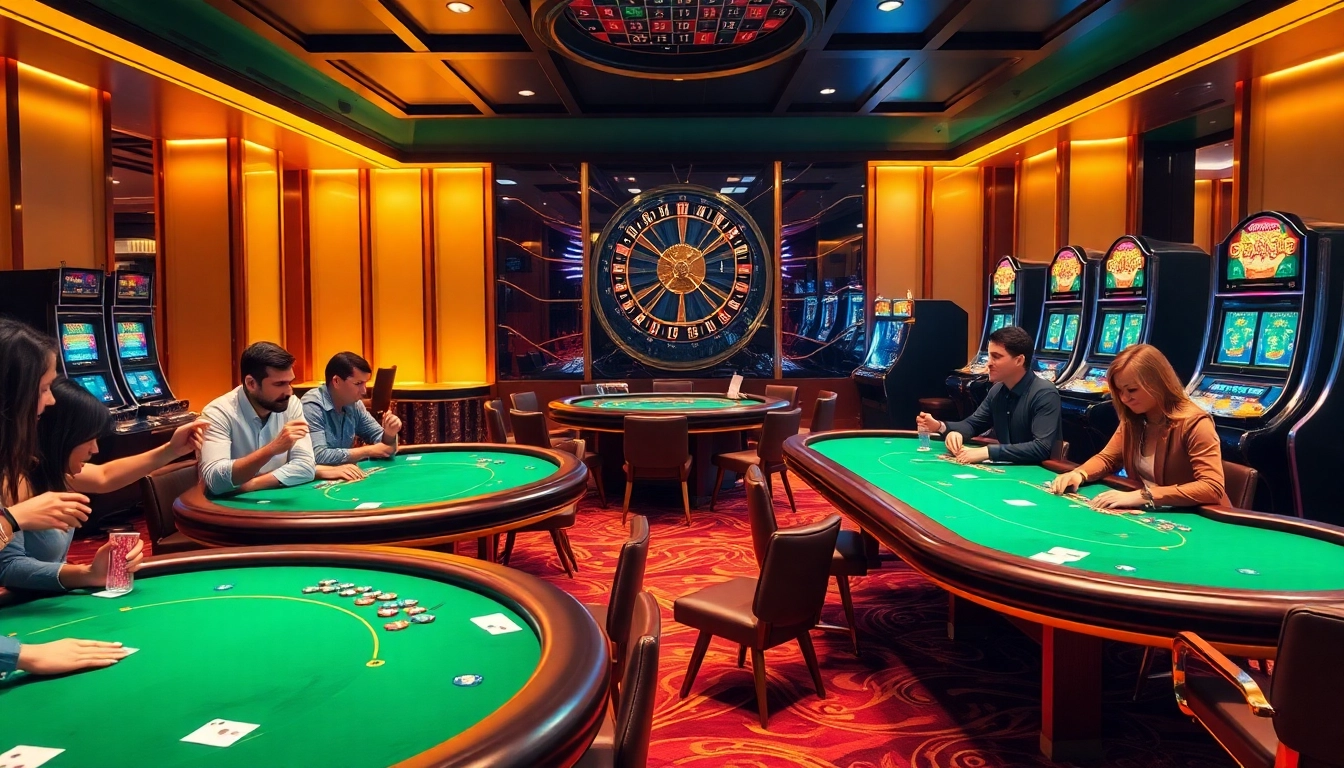 Exciting gaming scene showcasing gg88 guru's thrilling environment with poker tables and roulette.