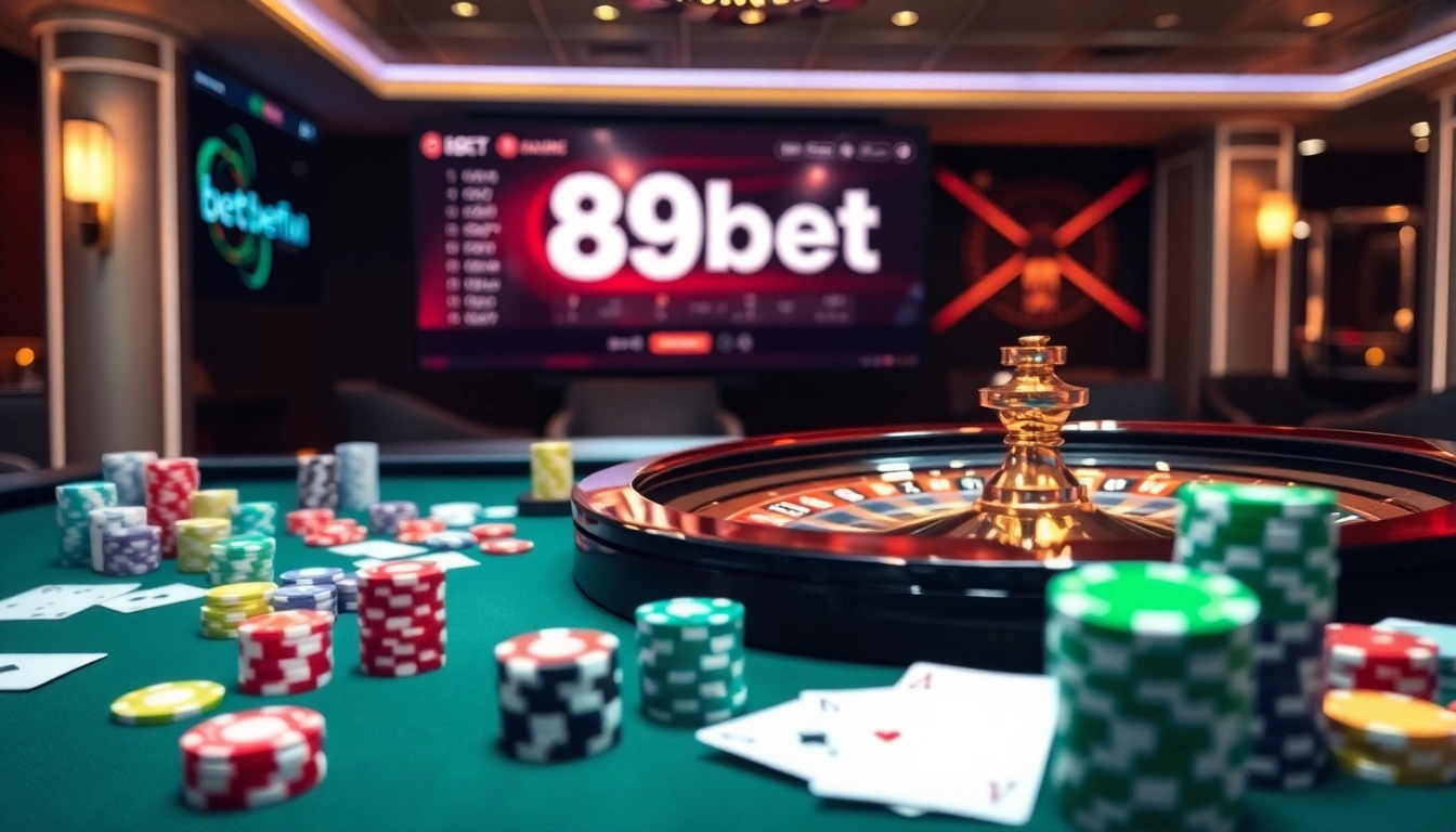 Experience the thrill of 89bet with vibrant casino tables, poker chips, and a spinning roulette wheel.