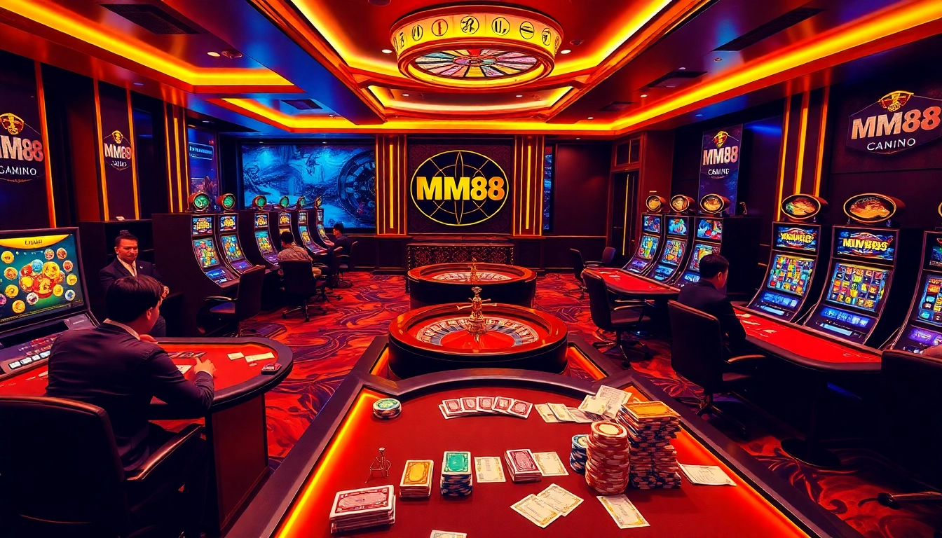 Experience thrilling gaming at MM88 casino with vibrant roulette and poker action.