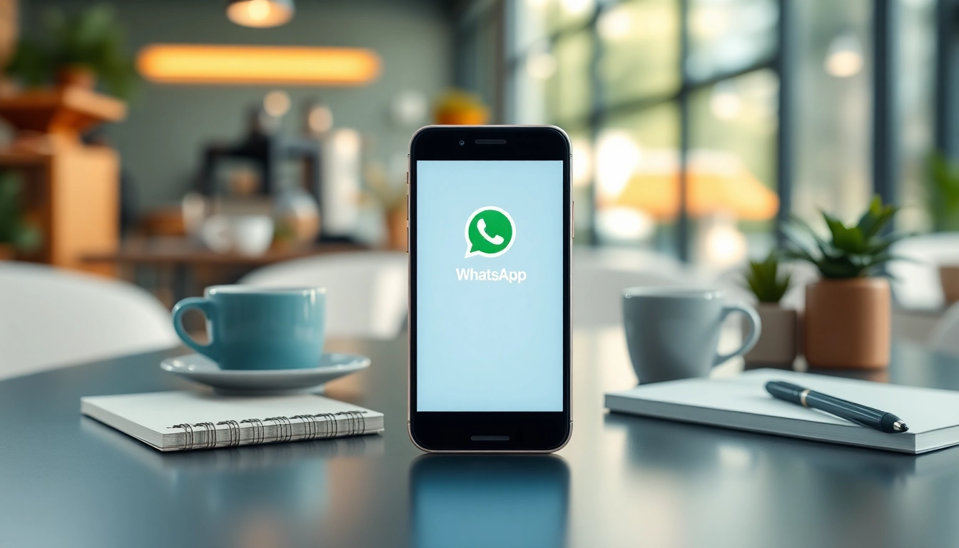 FM WhatsApp interface on a smartphone in a cozy café setting