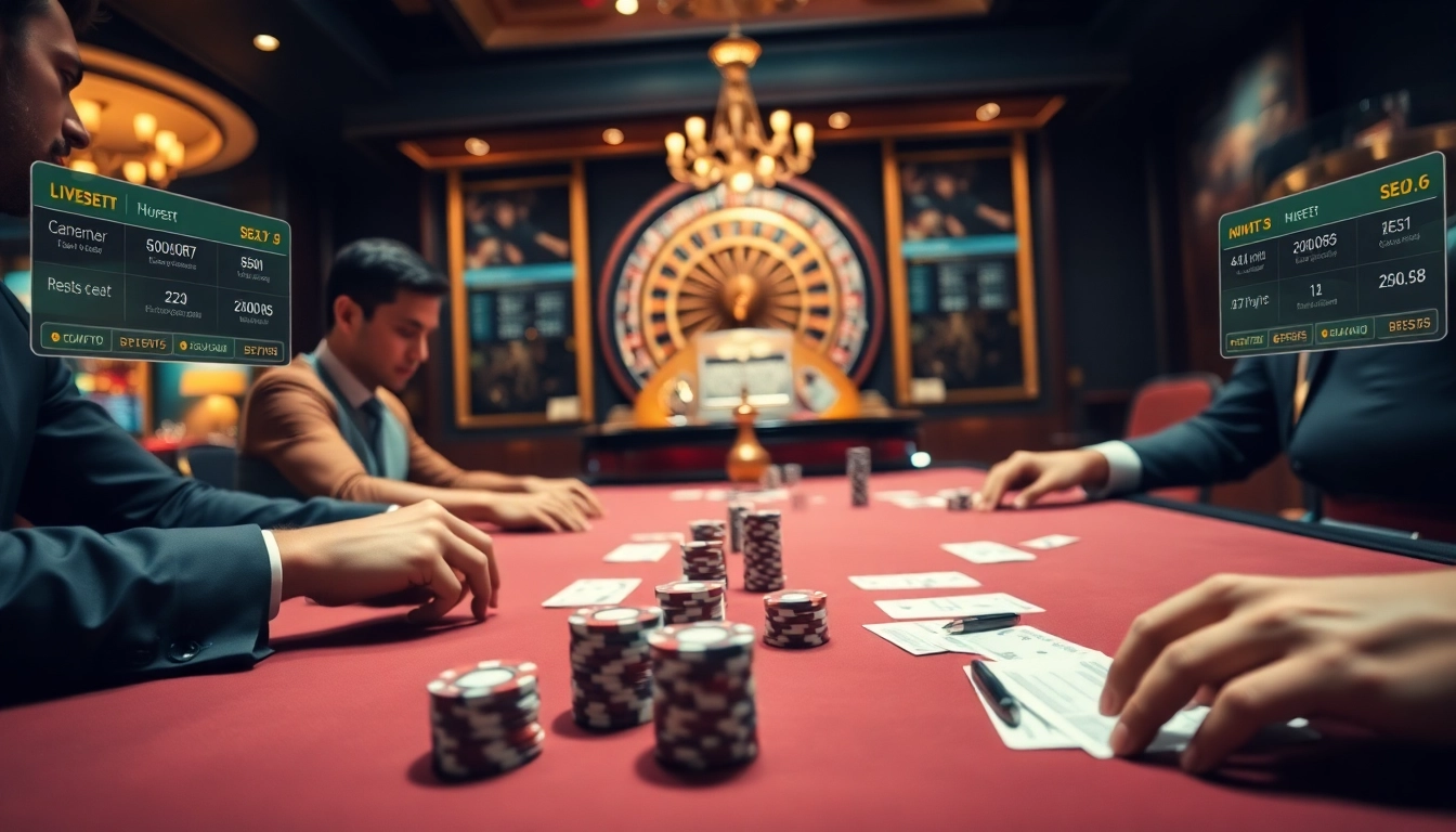 Engaged players at https://kuwin1.club/ enjoying a thrilling poker game with vibrant chips and a stylish roulette wheel.