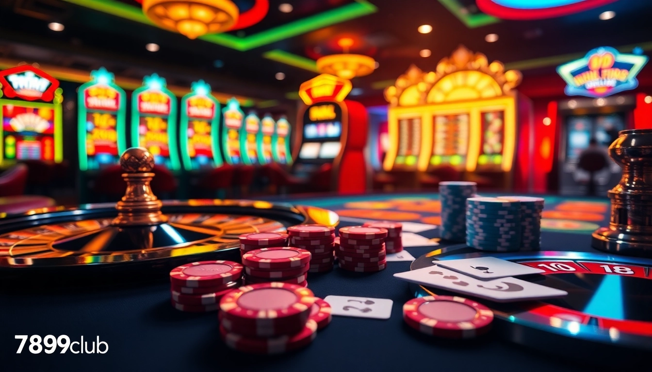 Experience the thrilling action at 789club's vibrant casino setting with poker chips and roulette.