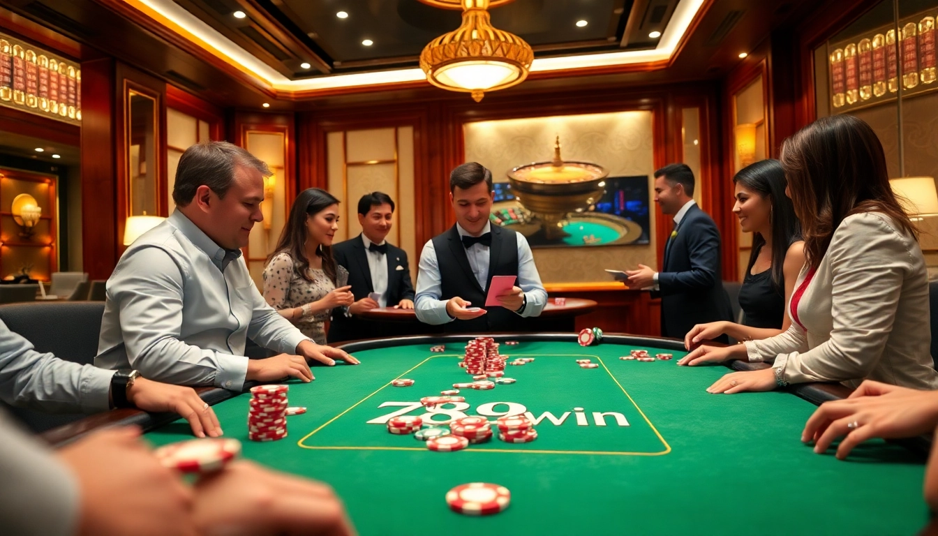 Players enjoying an exciting game at the 789win casino, showcasing vibrant poker chips and engaging atmosphere.