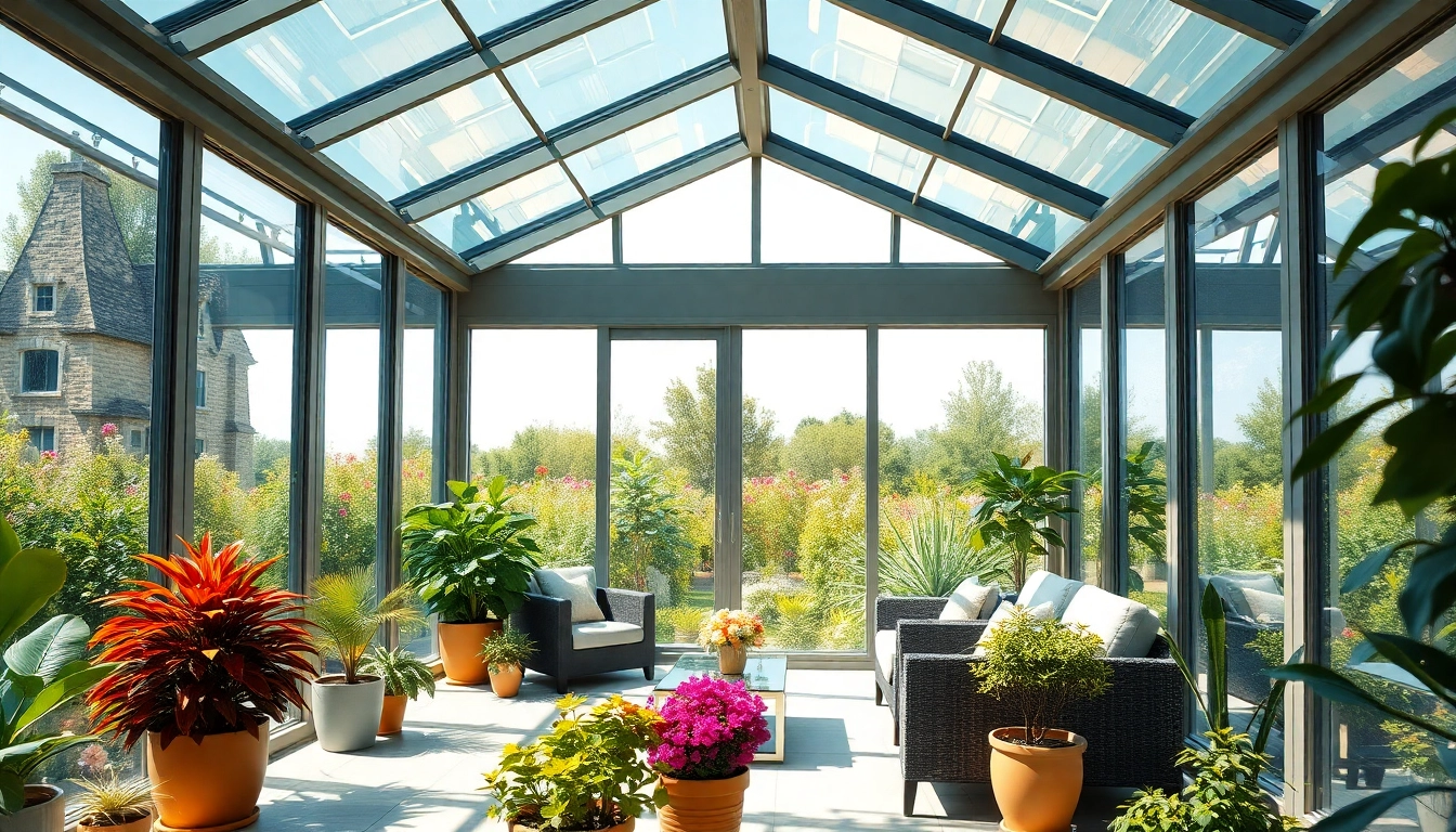 Beautiful solarium room with glass walls and bright sunlight showcasing lush greenery.