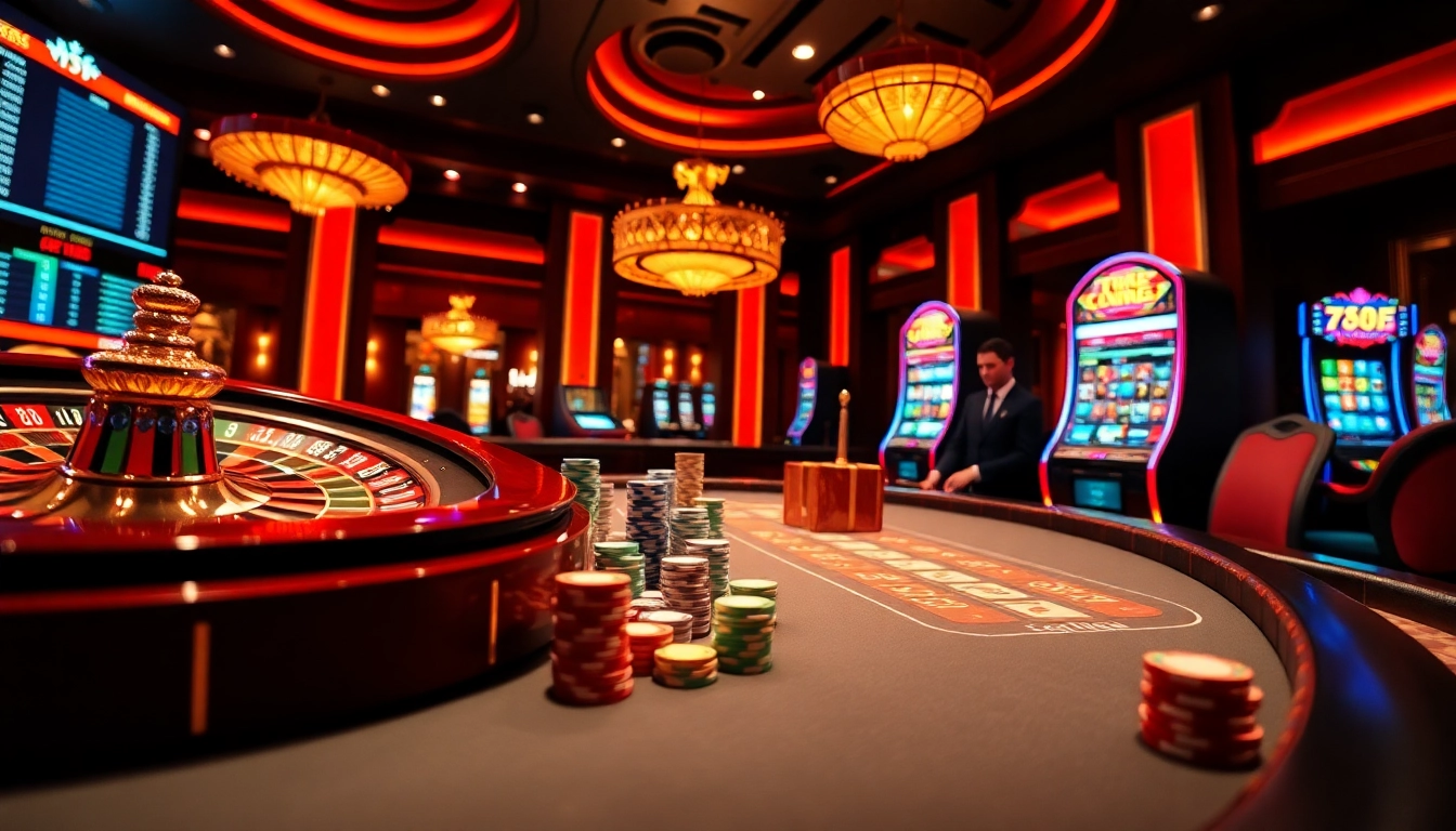 Engage with thrilling online games at 789F's luxurious casino scene with vibrant tables and glowing interfaces.