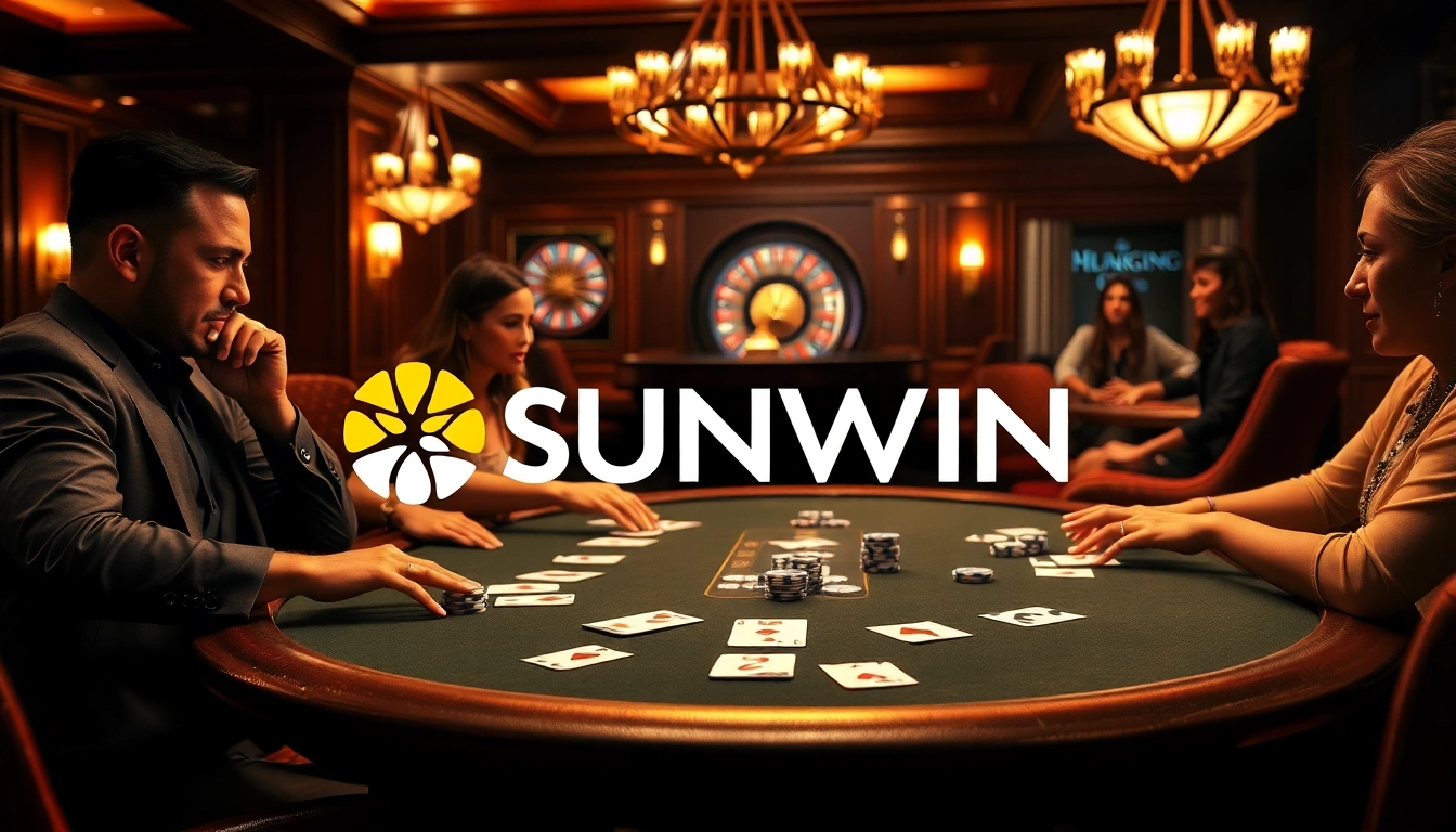 Players engage at a SUNWIN poker table in a luxurious casino setting.