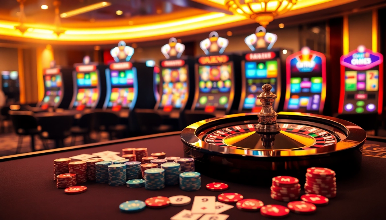 Experience the thrill of OK365 in a vibrant casino scene featuring roulette and card games.