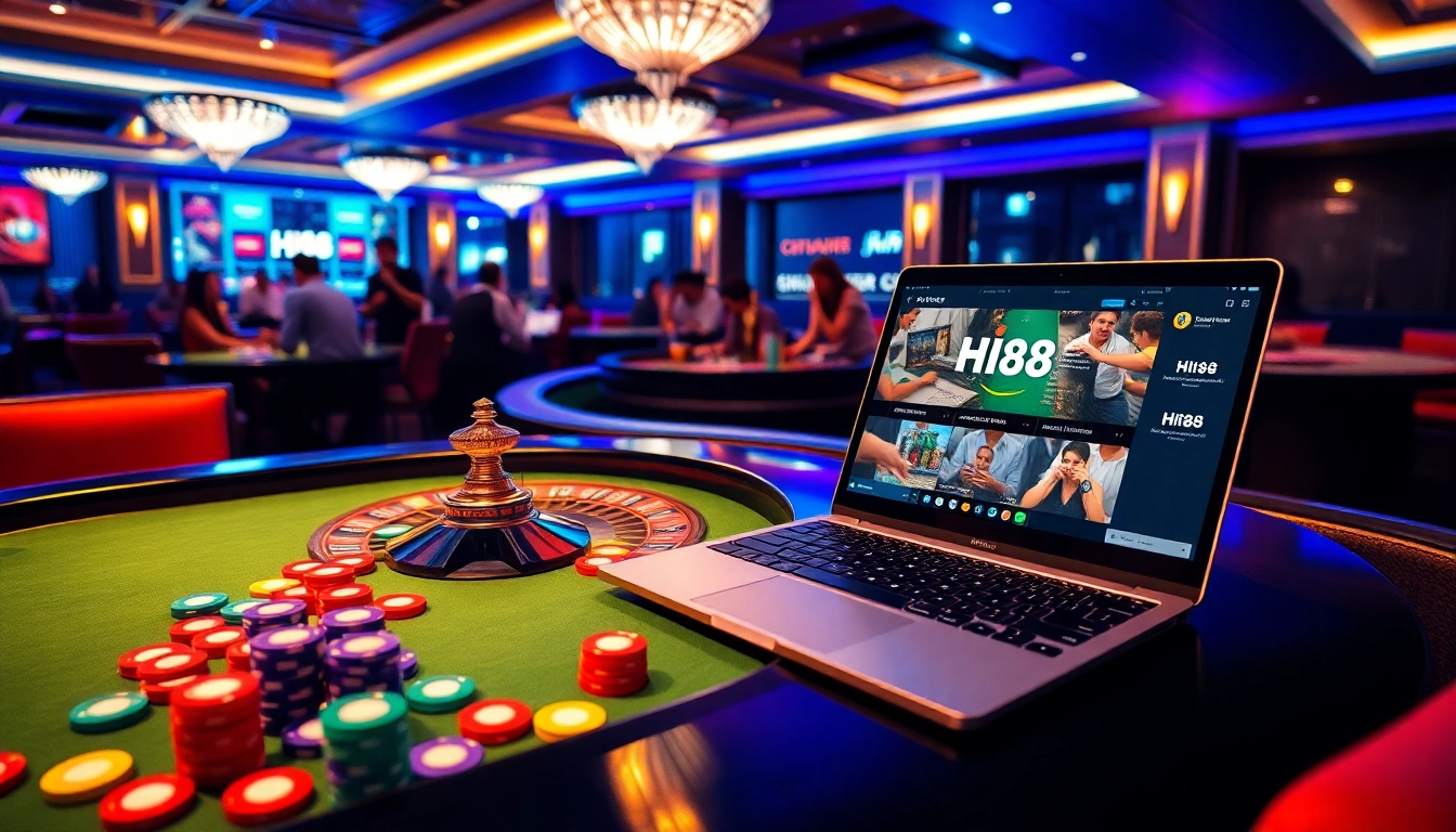 Experience thrilling gaming action at Hi88 with poker chips and roulette wheel.