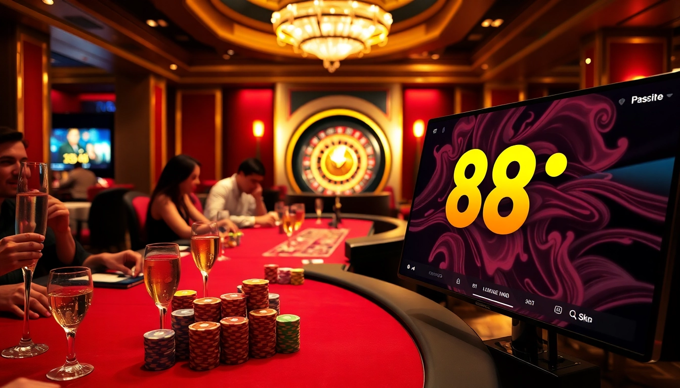 Players enjoying high-stakes games at the luxurious 88i casino, surrounded by vibrant colors.