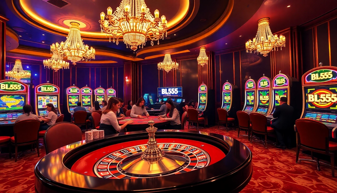 Experience the thrill of gambling at BL555 with an exciting casino game scene featuring roulette and slot machines.