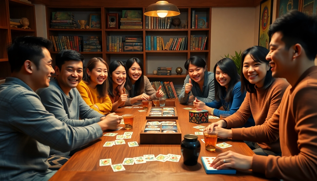 Friends enjoying a game bài night with colorful cards and laughter in a cozy living room.