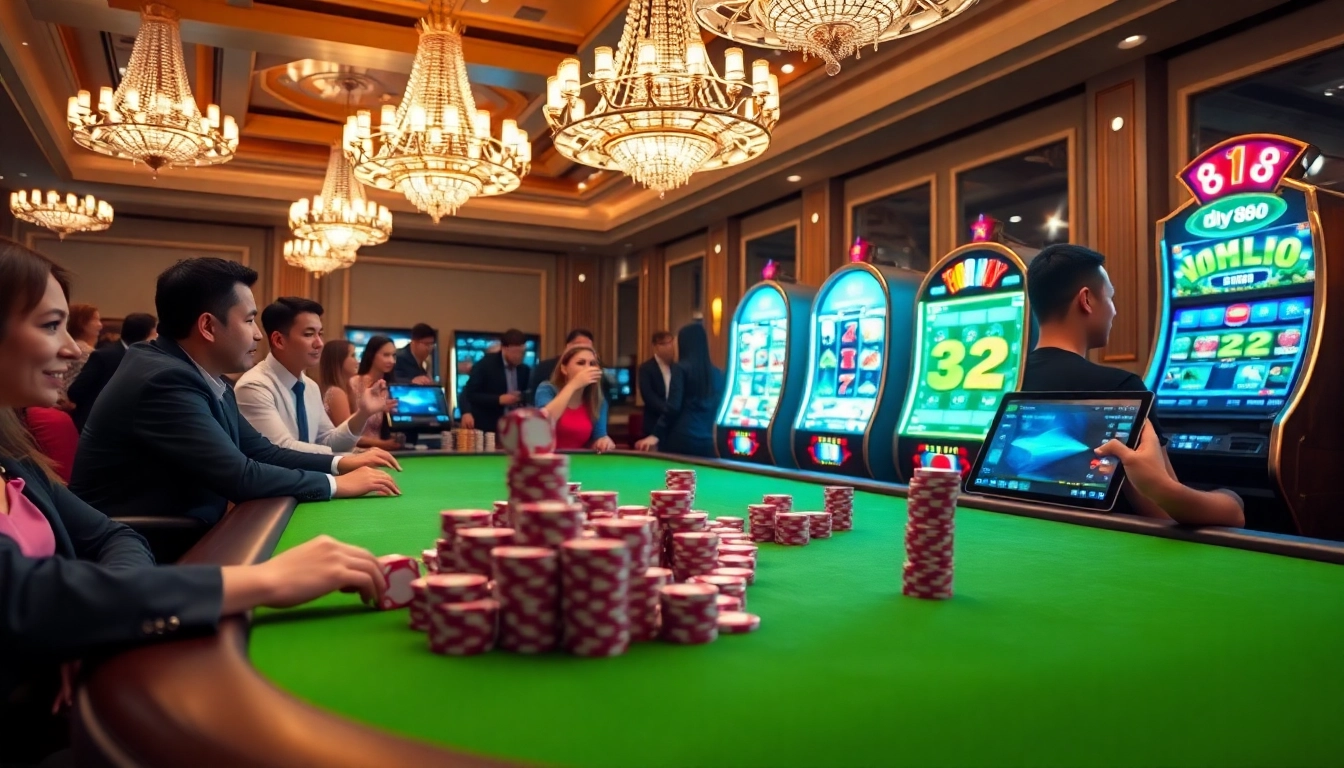 An exciting gaming table at dn 88 casino, surrounded by eager players and vibrant slot machines.