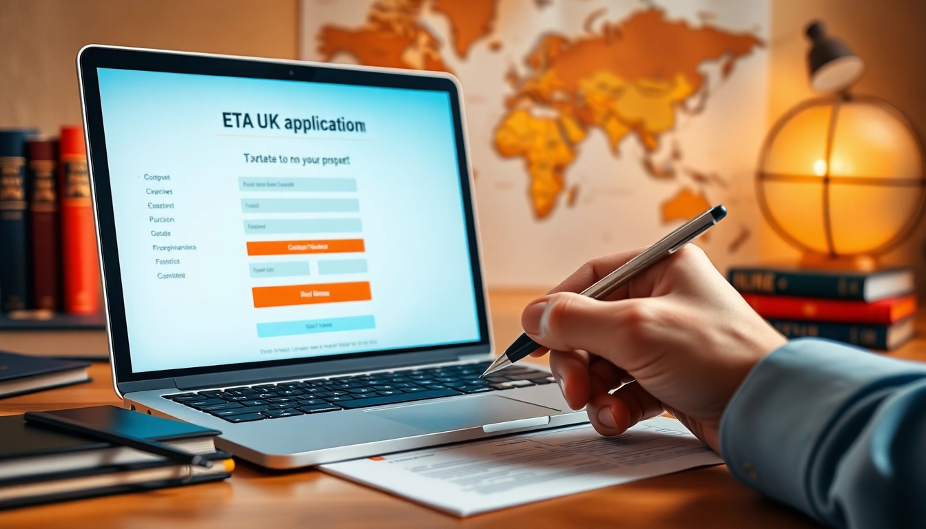 Fill out the eta uk application form on a professional desk with travel elements.