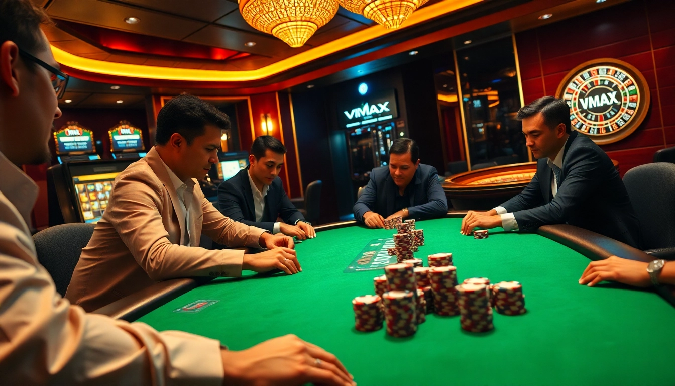 VMAX poker players engage in high-stakes betting beside luxurious casino elements.